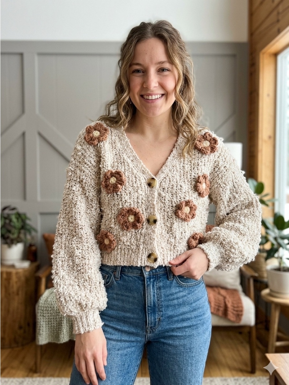 Luna Ivy Chunky 3D Flower Knit Cardigan Cream Small K4998